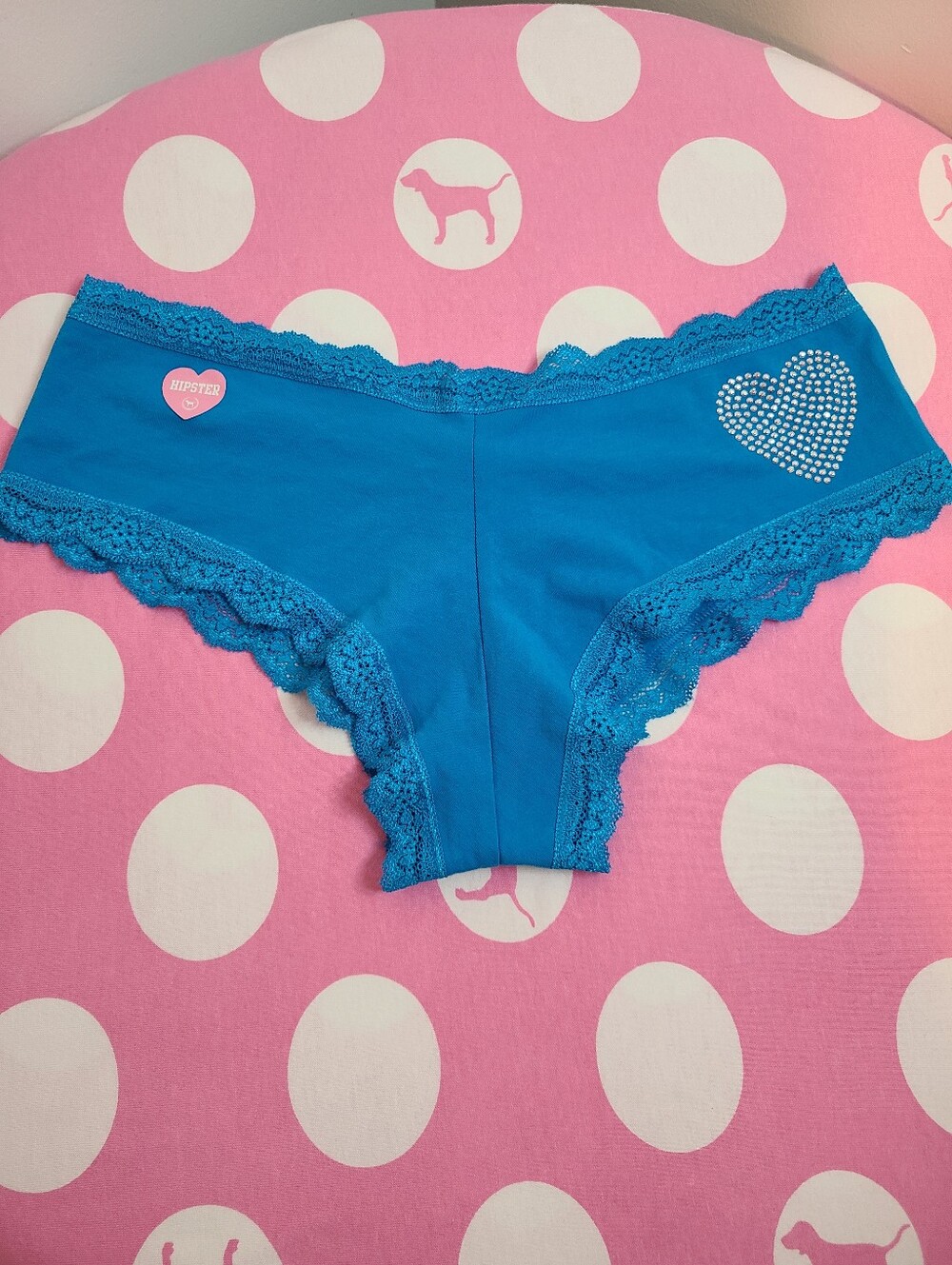 Rare VTG VS PINK Lace Trim Cotton Bling Heart XLR Cheekiest Hipster Panty Size L